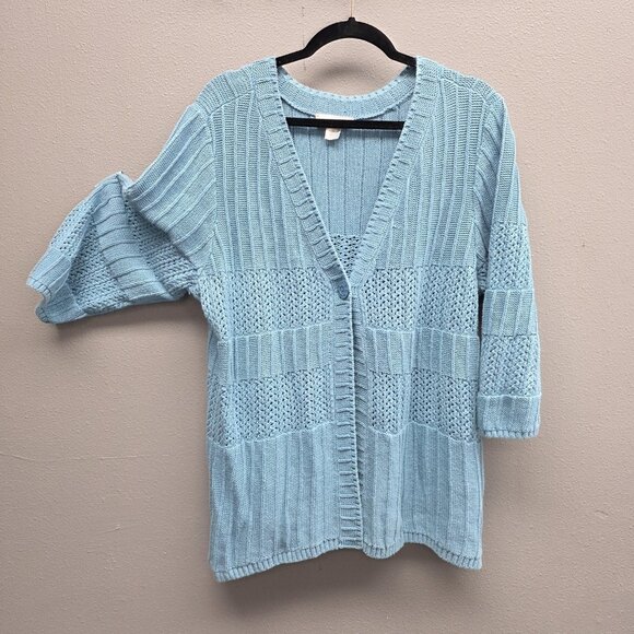 CJ Banks Sweater Womens 2X Blue Cardigan Open Knit 3/4 Sleeve Button Front Ramie - Picture 1 of 9